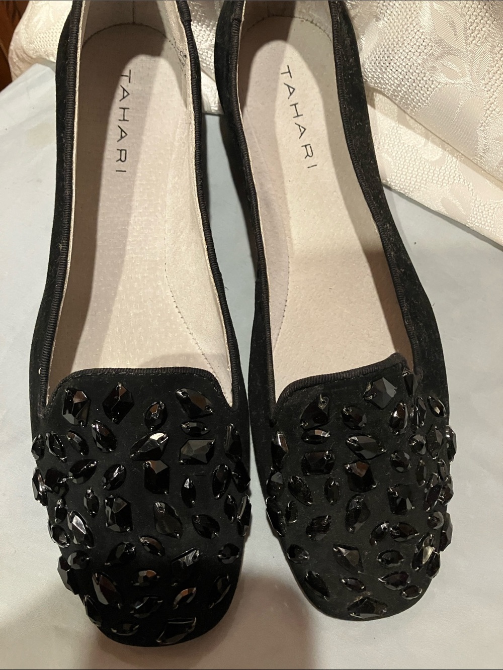 Tahari Black Jeweled Slip-On Loafers